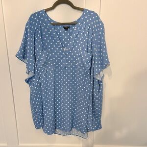TORRID Harper Blue Polka Dot V-Neck Flutter Sleeve Blouse